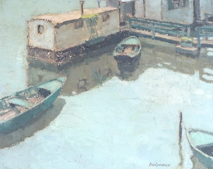 Edward Molyneux (1891-1974), oil on canvas, ‘Laundry boats on the Seine’, signed, 32 x 40cm, ornately framed